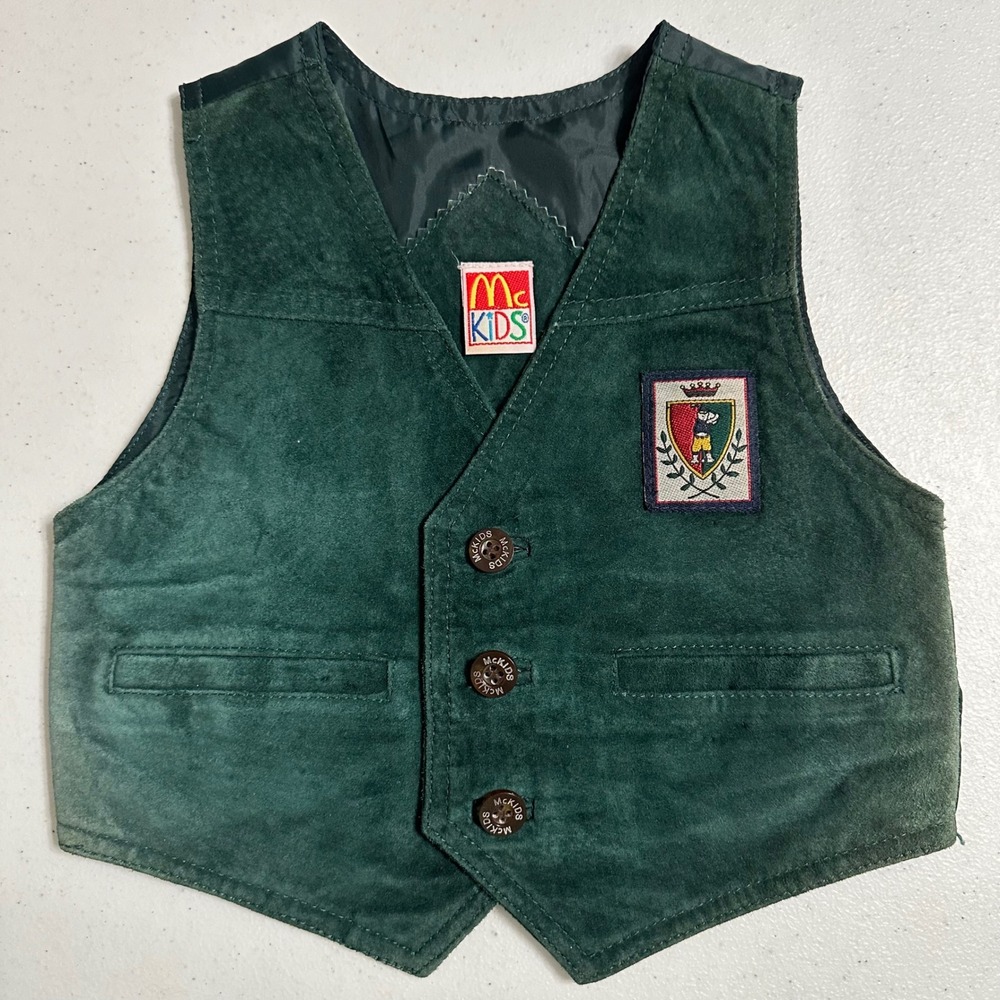 Mc Kids Crest Patch Waistcoat Vest 100% Genuine Suede Vintage Green Toddler 2T